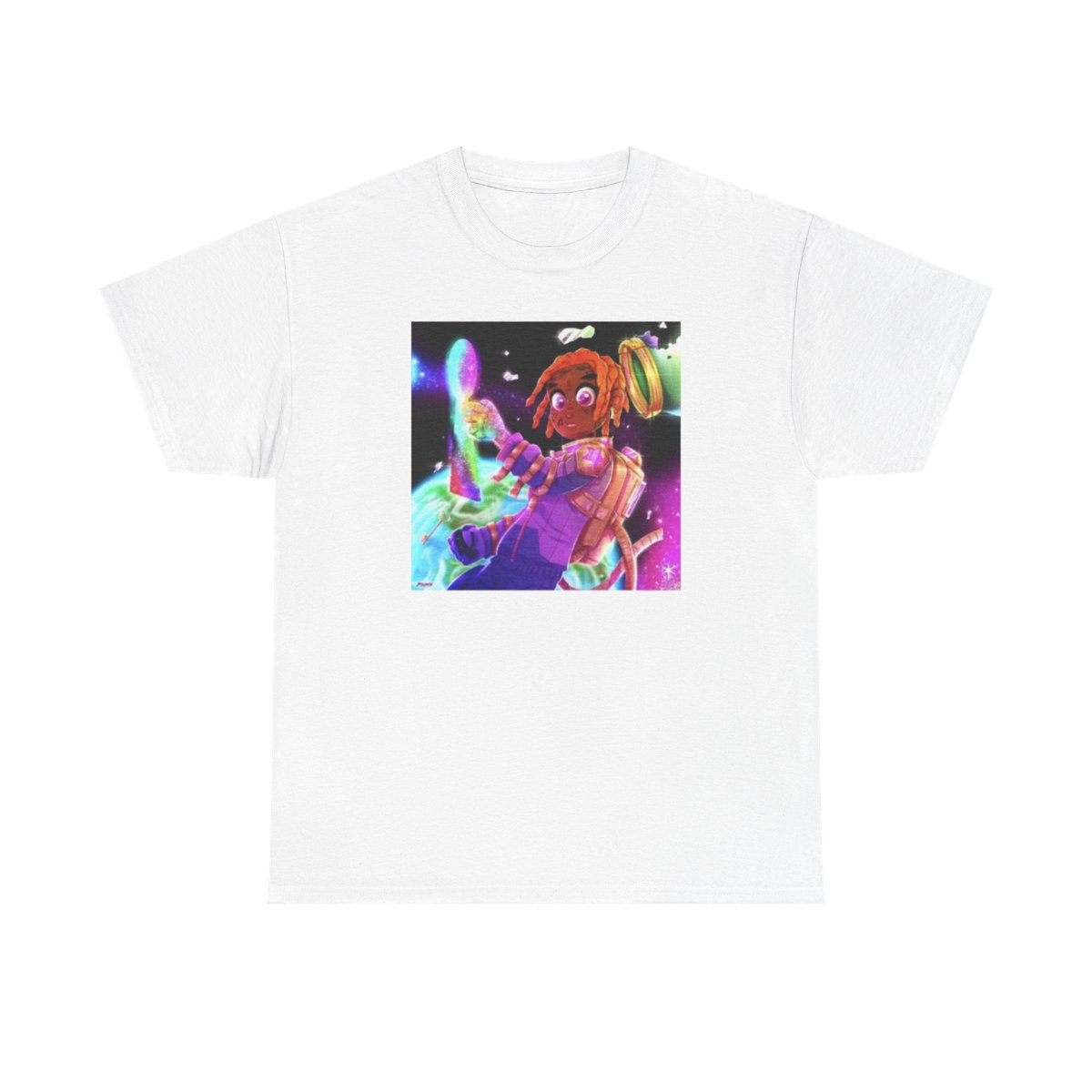 Anime Space DJ girl Tee | Neon Cosmic Music Illustration | Konvy Streamer Merch - alternate angle 2, merchandise