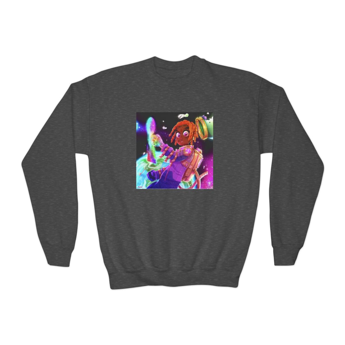 Space DJ Alien graphic Sweatshirt | Neon Cosmic Music Art | Konvy Streamer Merch (Kids) - alternate angle 3, merchandise